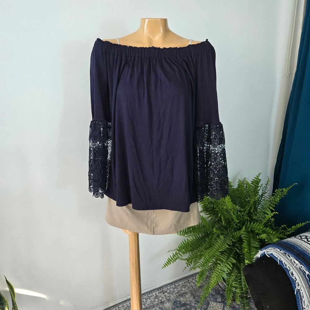 LOFT Womens Blouse‎ Navy Blue Medium Off The Shoulder Lace Bell Sleeve Bohemian